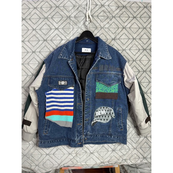 Mens Denim Jacket Patched Collage Graphic Embroidered Distressed Unique